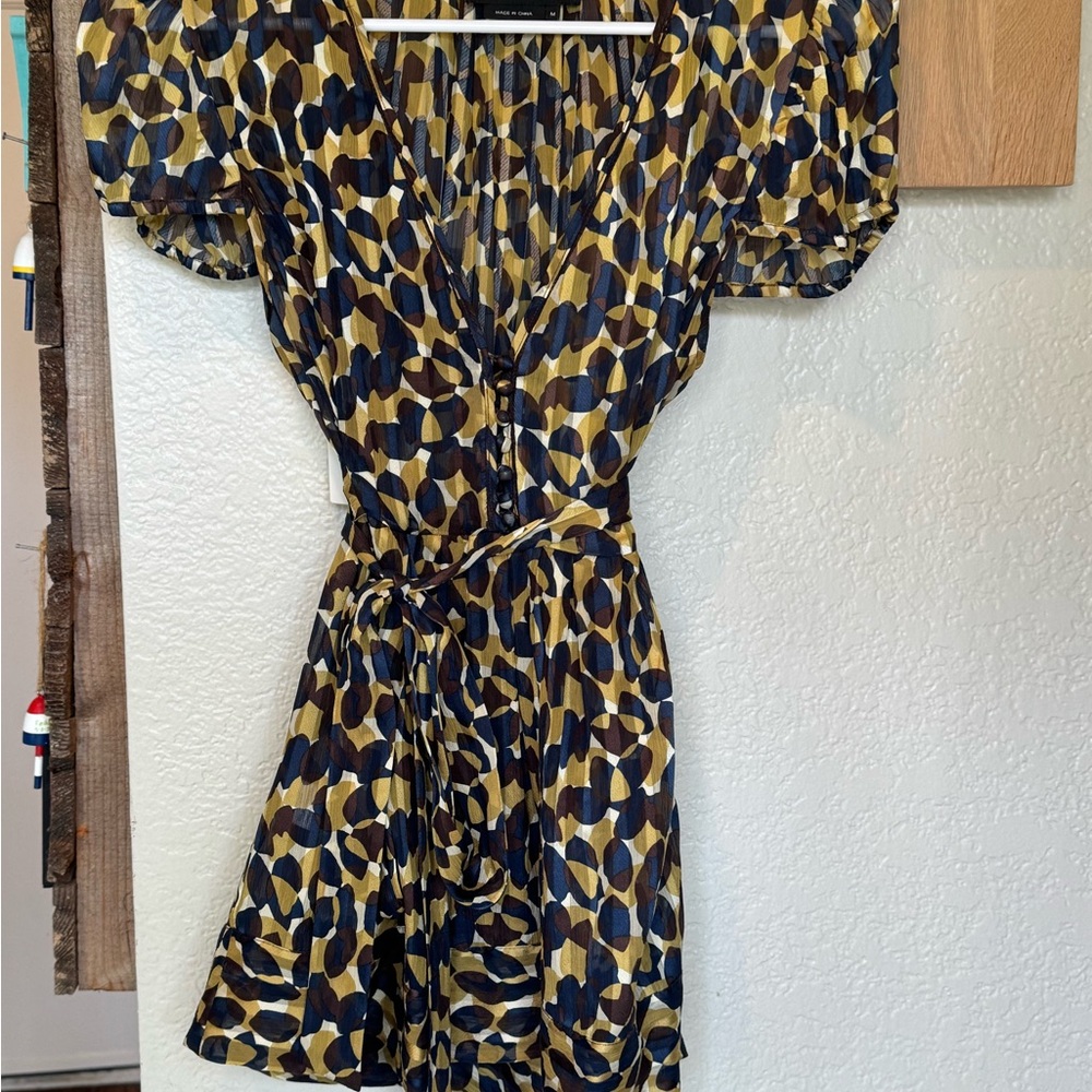 BCBGMaxAzria Blue Green Silk Ruched Puff Sleeve Tunic